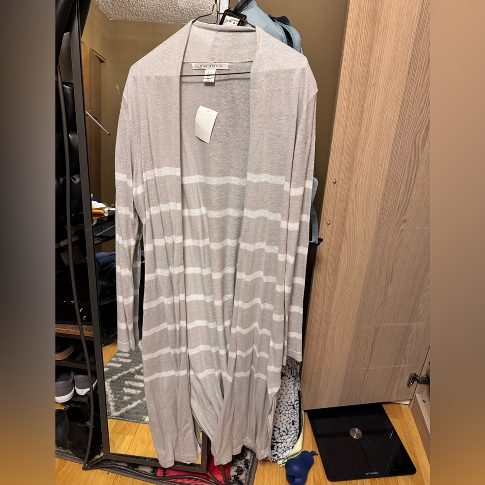 NWT -long grey lightweight sweater with white stripes. Max Studio